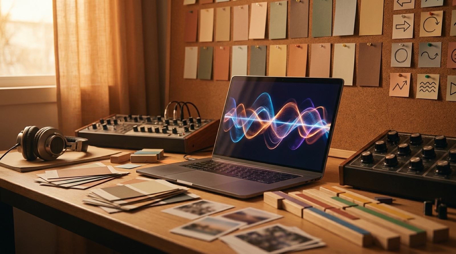 A colorful studio desk showing an AI-assisted music release system with artwork, video scenes, and audio waveforms.