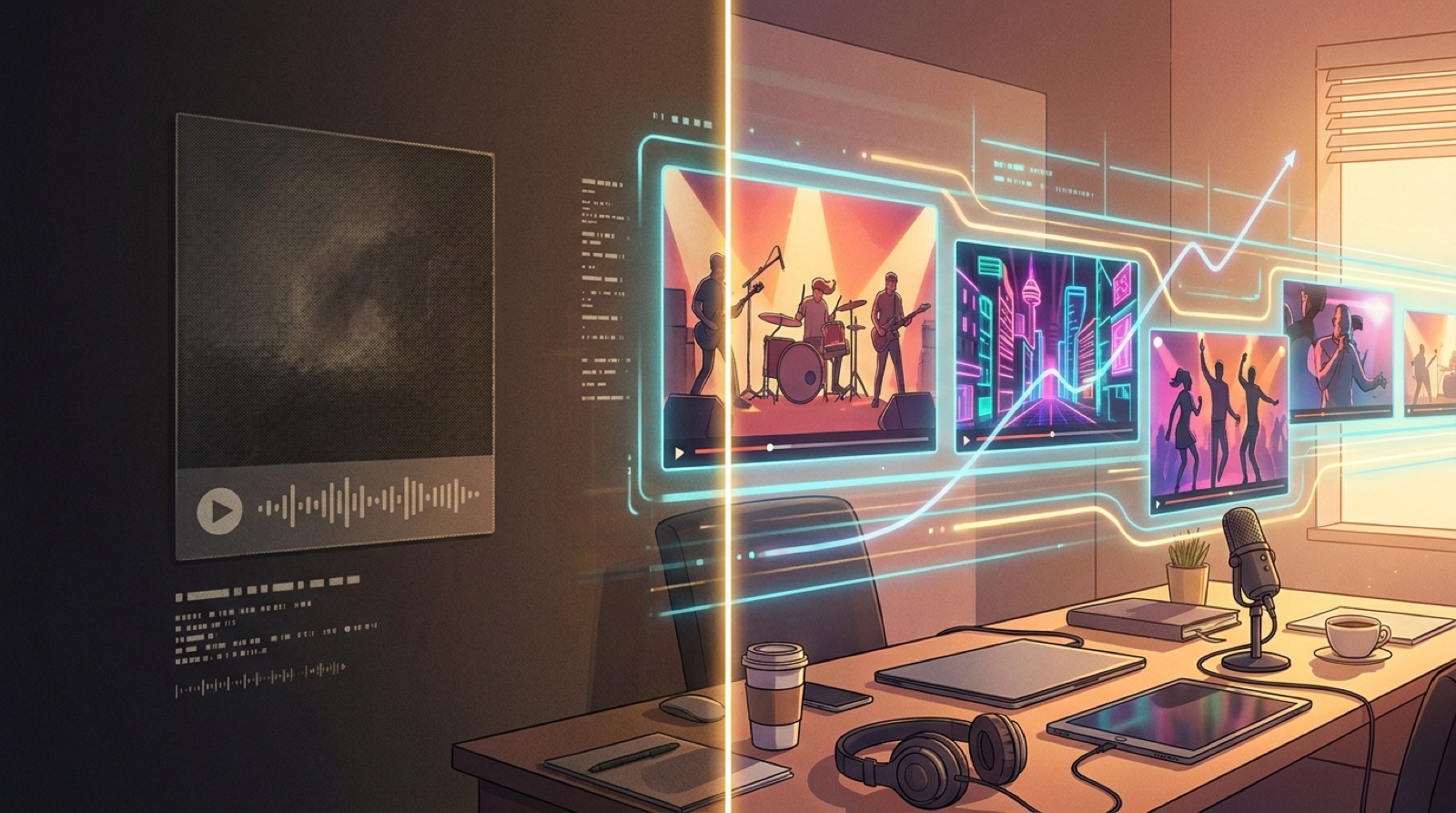 Colorful creator desk showing static album art changing into a connected AI music video scene sequence