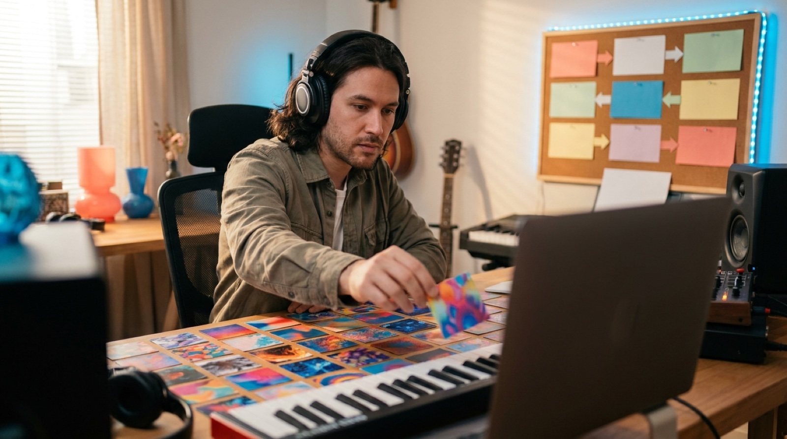 A music creator choosing one finished track from many visual song ideas before building a release video
