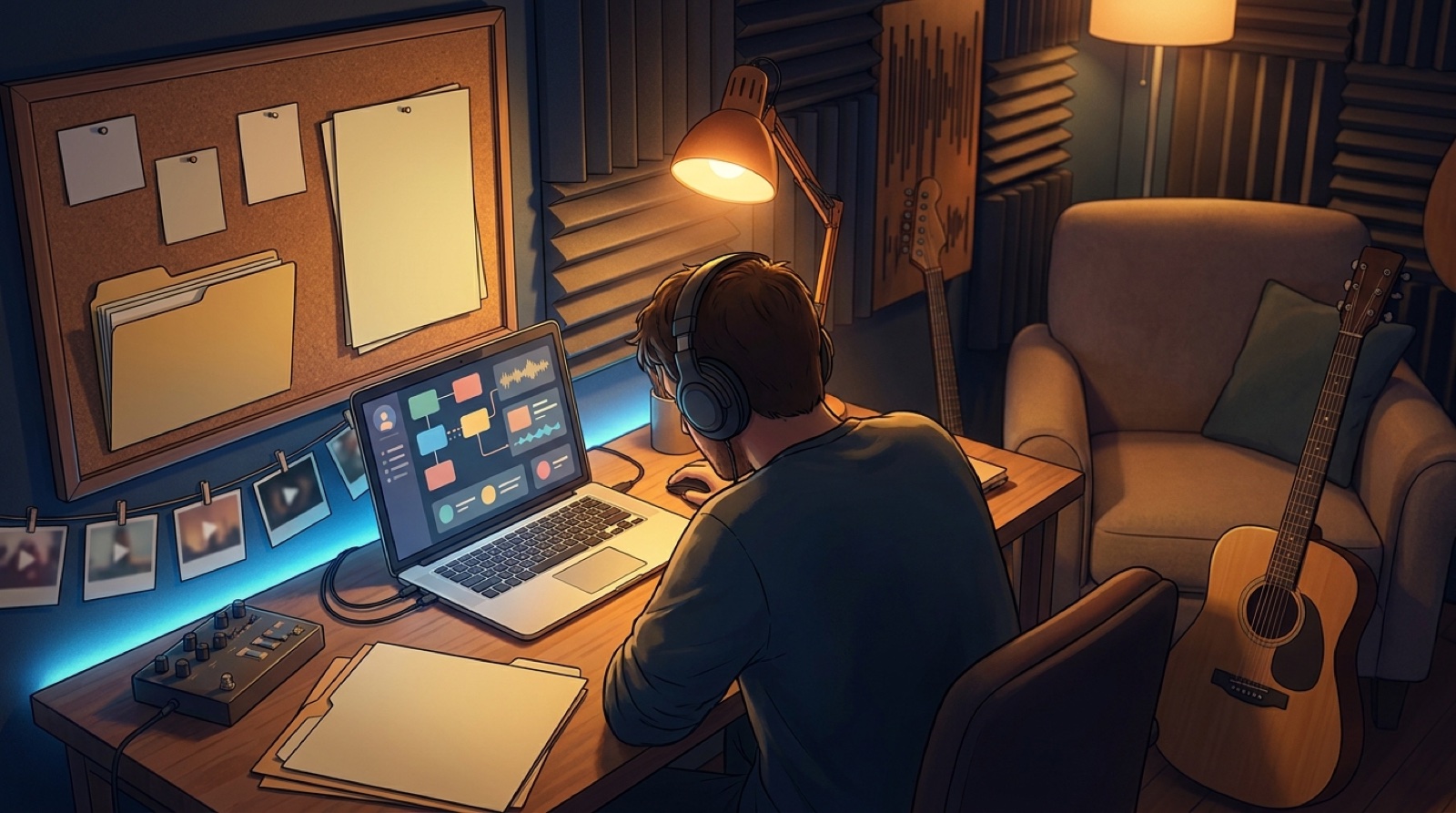 Full-color illustration of an AI music creator preparing a YouTube upload package with a thumbnail board, disclosure note, proof folder, and connected video frames.