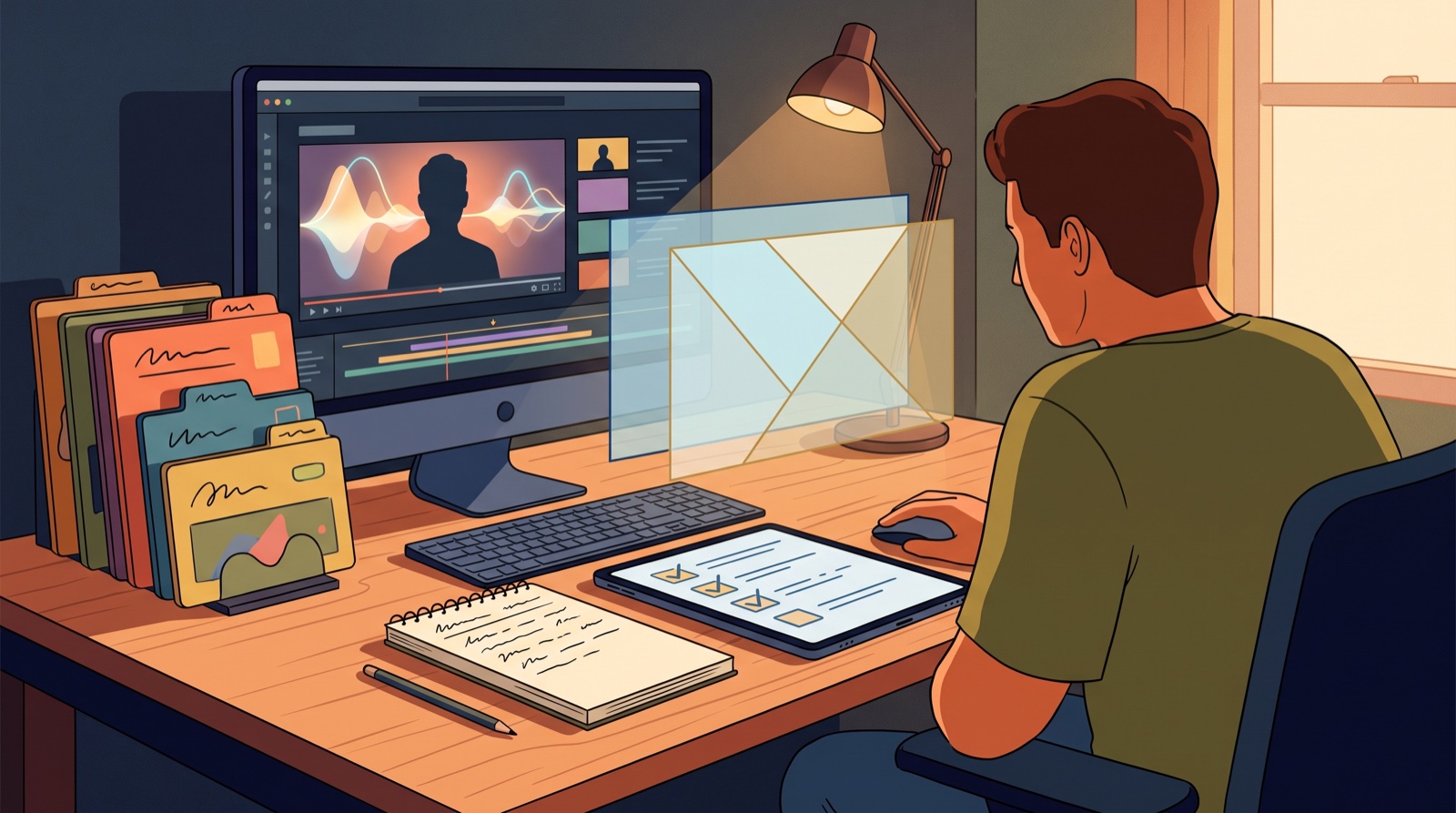 Full-color music studio desk where an AI music creator prepares a video upload package with thumbnail boards, release notes, and abstract disclosure controls.