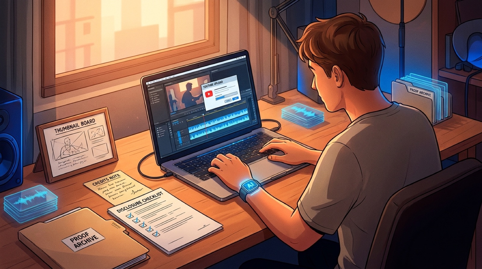 AI music creator organizing a YouTube upload package with video timeline, thumbnail board, credits note, disclosure checklist, and proof archive