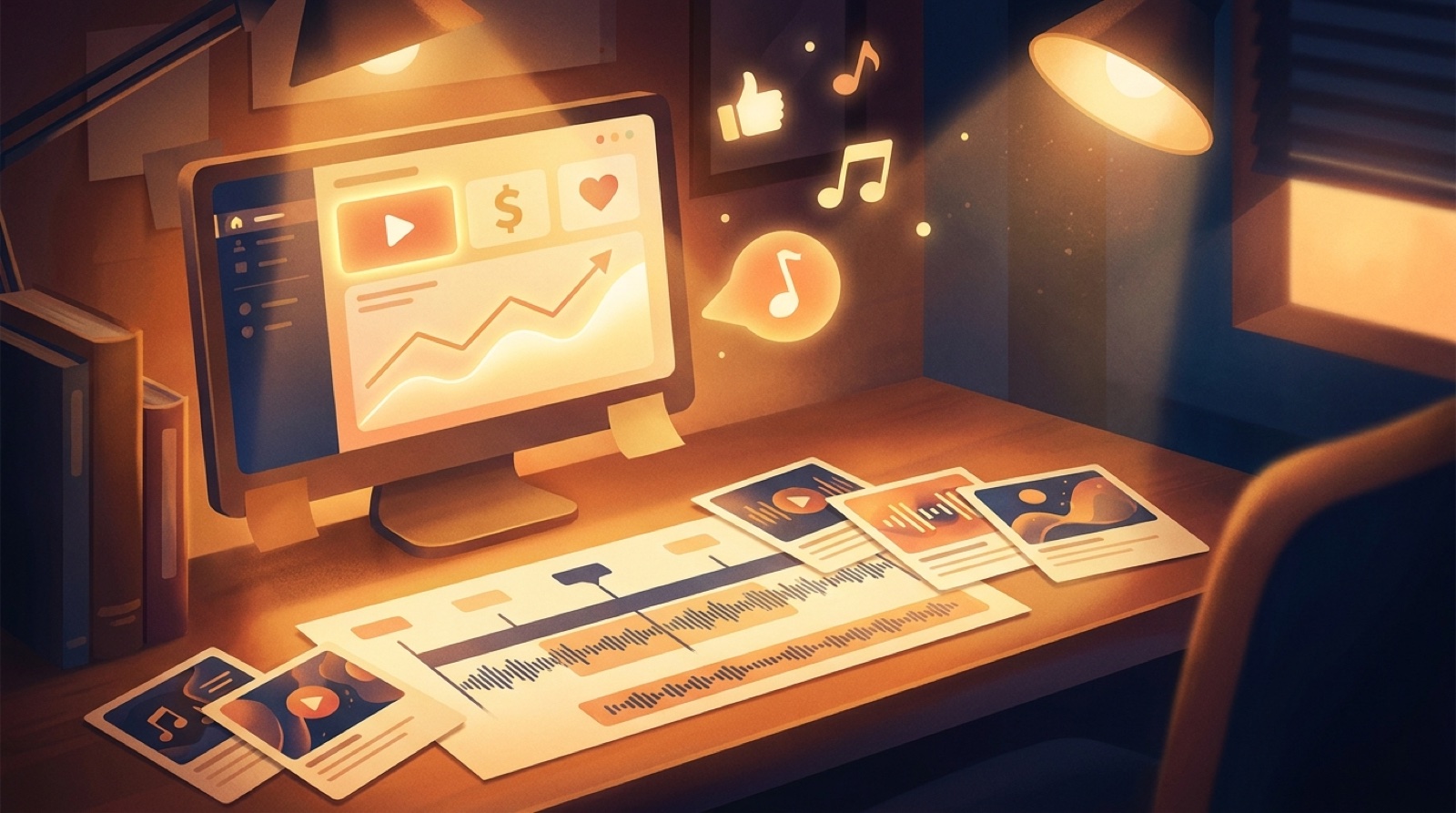 AI music creator planning YouTube channel visuals, thumbnails, and viewer value signals