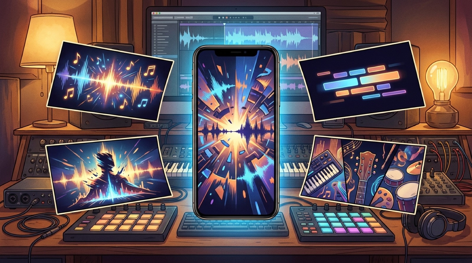 A full-color studio desk with a phone preview, song waveform, and storyboard frames for choosing the strongest short-form music video hook.